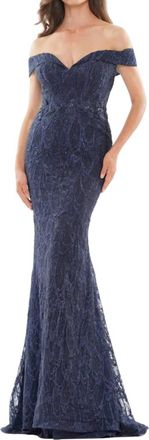 Colors Dress Off The Shoulder Embroidered Gown In Navy