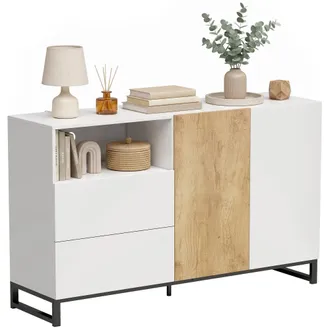 HOMCOM Homcom Aparador De Sal&oacute;n Con 2 Puertas, 2 Cajones, Compartimento Abierto, Armario De Cocina Con Estante Ajustable, 140x40x85 Cm, Blanco Y Roble