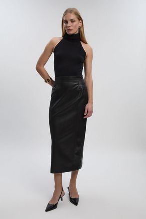 Karen Millen Womens Faux Leather Seam Waist Detail Pencil Midi Skirt - Black - Size 16 UK