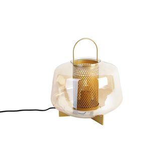 QAZQA Art D&eacute;co L&aacute;mpara De Mesa Art Deco Dorada Con Cristal &Aacute;mbar 30 Cm - Kevin Vidrio /acero Redonda Adecuado Para Led Max. 1 X 40 Watt - Qazqa