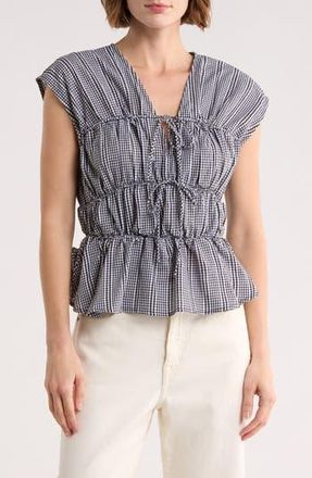 Ellen Tracy Gingham Shirred Tie Top in Black Check at Nordstrom Rack, Size Small