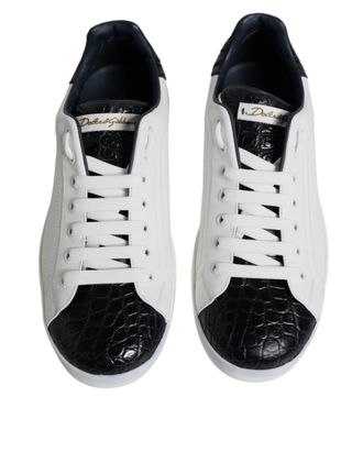 Dolce & Gabbana Mens White Leather Logo Portofino Sneaker Shoes Black And Calfskin Croc