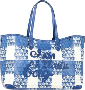 Anya Hindmarch I Am A Plastic Bag Small Leather-Trimmed Printed Tote in Blue Coated-Canvas