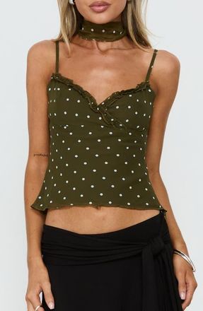 Princess Polly Mishy Scarf Detail Camisole in Olive Polka at Nordstrom, Size 12