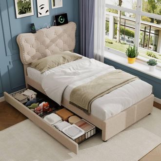 Matteo Single Upholstered Bed Frame - Charging Station & Storage - Beige