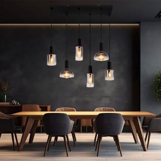Globo Lighting Lampada a sospensione lampada a sospensione lampada da sala da pranzo lampada da soggiorno, metallo vetro color fumo, 6 prese E27, LxLxH 77x33x120 cm