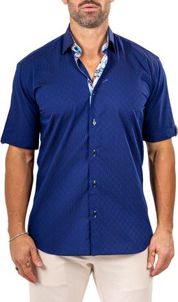 Maceoo Galileo Marthy Short Sleeve Cotton Button-Up Shirt in Blue at Nordstrom, Size 3