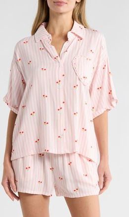Betsey Johnson Heart Patch Cabana Button-Up Shirt & Shorts Cover-Up Set in Pink at Nordstrom Rack, Size X-Large