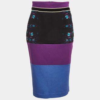 Roberto Cavalli Multicolour Floral Print Jersey And Crepe Knee Length Skirt