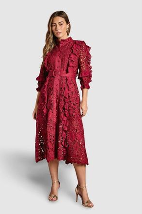 Coast Lace Ruffle Shirt Dress in Burgundy at Nordstrom, Size 6