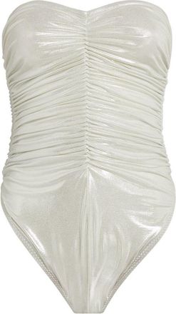 Norma Kamali White Ruched Metallic Marissa Swimsuit Size XS