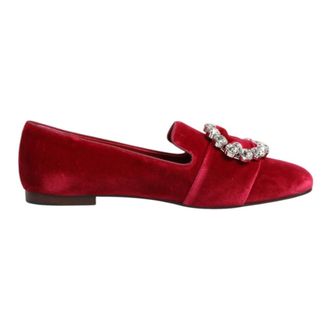 Dolce & Gabbana Rode Velvet Kristal Gesp Loafers Flats - Dames - Loafers - Rood - 36 1/2 EU - Katoen - Schoenen