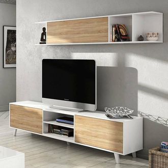 No Brand No Brand - Dmora Mueble Para Tv De Sal&oacute;n, Blanco Brillante Y Roble, Medidas 180 X 51 X 41 Cm, Con Embalaje Reforzado
