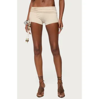 Edikted Thia Ruched Beaded Foldover Shorts in Beige at Nordstrom, Size X-Large