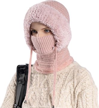 Generic 3 in 1 Beanie Hat for Women, Winter Knit Balaclava with Scarf & Mask, Warm Plush-Lined Windproof Hat for Cold Weather Outdoors (Pink)