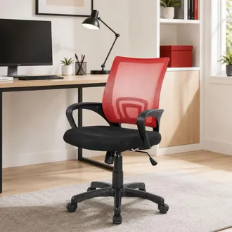 Dmora Silla De Oficina Dgell, Silla Operativa De Malla Con Reposabrazos, Asiento De Oficina Ergon&oacute;mico, 59x54h90/100 Cm, Negro Y Rojo - Dmora