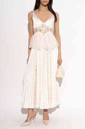 Self Portrait Pleated Dress With Lace Inserts, Womens, Pink