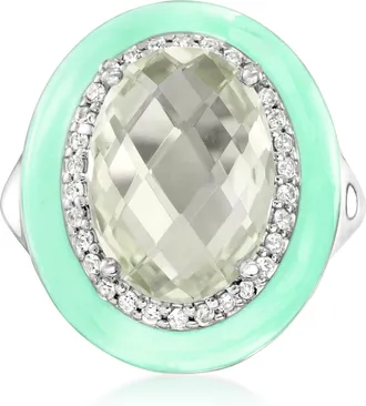 Ross-Simons Prasiolite and. White Zircon Ring With Pastel Green Enamel in Sterling Silver