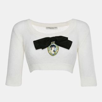 Alessandra Rich White Brushed Knit Portrait Cameo Appliqu&eacute; Crop Top