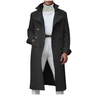 Generic Trench Coat Men Lapel Neck Double Breasted Overcoat Roll Up Sleeve Full Length Classic Winter Jacket with Pockets Thermal Windproof Outerwear Solid Co