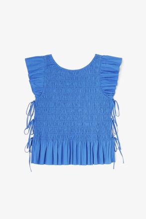 Ganni Navy Top in Smocked Cotton - Size 10/12 Organic