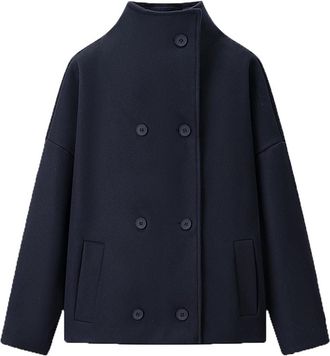 Generic Womens Wool Jackets Double Breasted Slim Fit Coat with Pockets Thicked Fleece Fuzzy Winter Warm Outwear Ladies High Neck Long Sleeve Overcoat Casual L