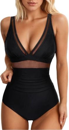 Generic Women One Piece Swimsuit Adjustable Straps Swim Suits Tief V Neck Swimming Costume Bathing Suit Black XL