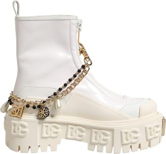 Dolce & Gabbana White Leather Rubber Logo Ankle Boots Womens Shoes