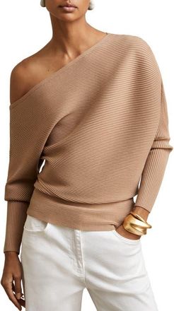 Reiss Lorna Off the Shoulder Rib Sweater in Camel at Nordstrom, Size X-Large