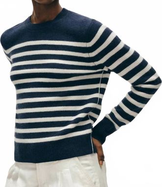 White + Warren Cashmere Striped Crewneck Sweater In Deep Navy/soft White