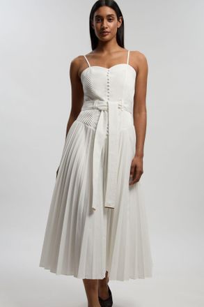 Karen Millen Womens Petite Cotton Top Stitch Dropped Waist Woven Strappy Midi Dress - White - Size 12 UK