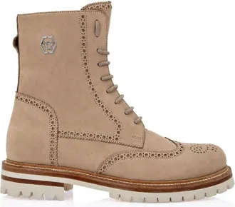 Philipp Plein Boots Mid Flat Hexagon - Heren - Veterlaarzen - Beige - 43 EU - Leer - Schoenen
