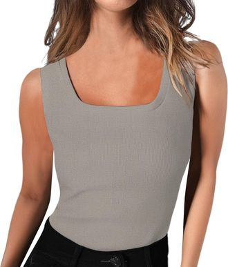 Generic Square Neck Basic Tank Tops for Women Summer Fashion 2025 Casual Waist Slim Fit Sleeveless Blouses Ladies Workout Daily Sports Plain Solid Color Tight