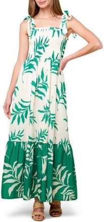 Flying Tomato Leaf Print Tie Strap Tiered Maxi Dress in Ivory Green at Nordstrom Rack, Size Medium