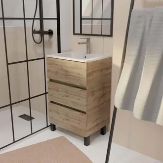 Aurlane Mobile Da Bagno 50 Cm Decor Rovere Naturale Con 3 Cassetti E Lavabo In Ceramica Bianca