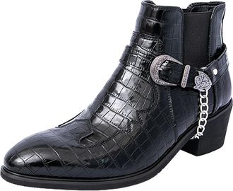 Generic Mens Crocodile Prints Western Cowboy Boots with Side Zipper, Belt Buckle and Metal Chain (Black,8.5)