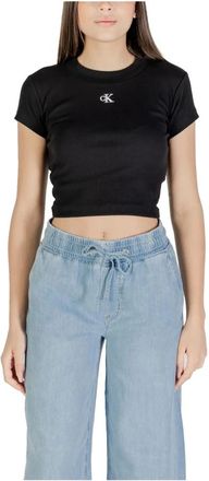 Calvin Klein Jeans Tops, Dames, Zwart, M, Katoen, Geribbeld korte mouw zwart T-shirt