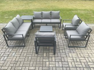 Fimous Aluminium Outdoor Garden Furniture Set Patio Lounge Sofa with Square Coffee Table 3 Armchairs Side Table Dark Grey