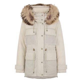 Moorer Jassen, Dames, Beige, L, Leer, Gewatteerde jas met bontkraag