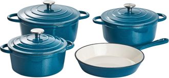 Beliani Set Da 7 Pezzi In Ghisa Smaltata Adatto Al Forno E Compatibile Con Tutti I Tipi Di Piano Cottura Blu Castora