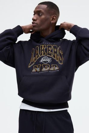 H&M Oversized Fit Printed Hoodie in Dark Blue/nba at Nordstrom, Size Xx-Large