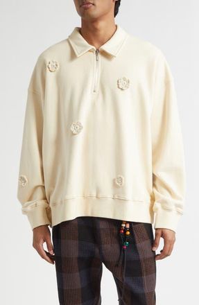 Song for the Mute Daisy Appliqué Quarter Zip Sweatshirt in Ivory at Nordstrom, Size 42 Us