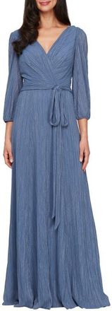Alex Evenings Metallic Micro Pleated Mesh Gown in Dusty Blue at Nordstrom, Size 8