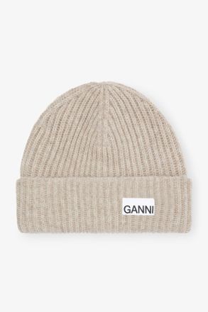 Ganni Beige Sand Fitted Wool Rib Knit Beanie