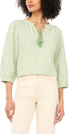Vince Camuto Print Tie Neck Cotton Peasant Top in Lily Green at Nordstrom, Size X-Small P