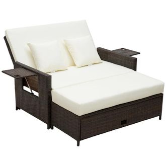 OUTSUNNY Rattan Sun Lounger 2 Seater Day Bed-Brown | TJ Hughes Brown