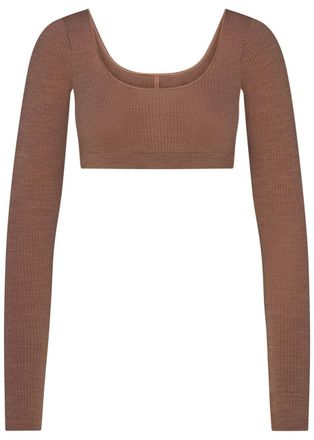 SKIMS Cropped Ribbed Wool-blend top - Light Brown - S/M (UK10-12 / M)