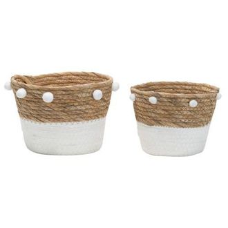 Foreside Home And Garden Set of 2 Natural Cattail Decorative Storage Baskets with Pom Poms in White at Nordstrom