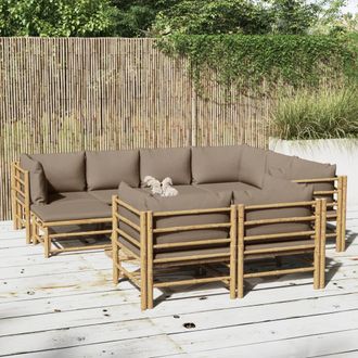 vidaXL Set De Muebles De Jard&iacute;n 10 Piezas Bamb&uacute; Y Cojines Gris Taup&eacute; Vidaxl