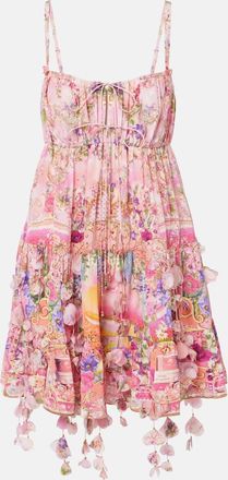 Camilla Floral-applique gathered silk crepe minidress